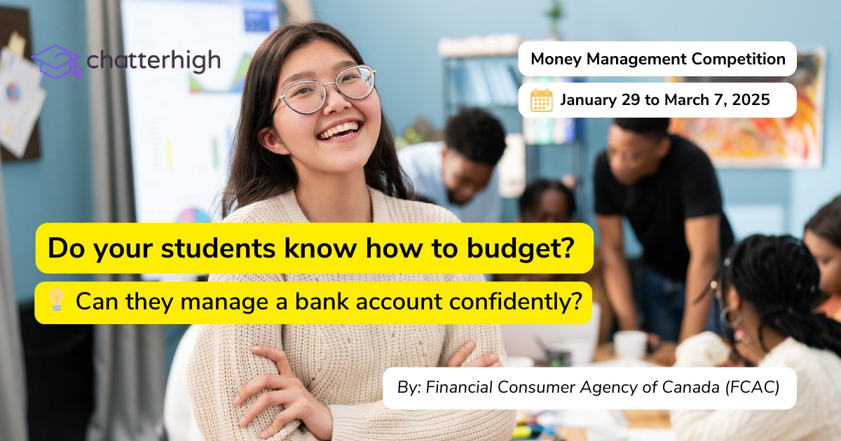 ChatterHigh (@chatterhigh) on Twitter photo The Money Management Competition is LIVE! Students can learn #budgeting, #banking & #savings with FCAC tools while competing for $5,000 in school prizes! Help them build #financialconfidence now! <a href="/FCACan/">Financial Consumer Agency of Canada</a>
hubs.li/Q034LQBz0 The Money Management Competition is LIVE! Students can learn #budgeting, #banking & #savings with FCAC tools while competing for $5,000 in school prizes! Help them build #financialconfidence now! <a href="/FCACan/">Financial Consumer Agency of Canada</a>
hubs.li/Q034LQBz0