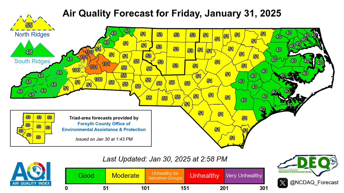 ALERT (1/30/2025-3:00PM): A Code Orange #AirQuality Alert for PM2.5 has been issued for Burke, McDowell, Mitchell and Yancey Counties effective tomorrow - 1/31/2025 - due to smoke from local wildfires #ncwx

Detailed discussion &amp; KML files here: airquality.climate.ncsu.edu/discussion/?is…
