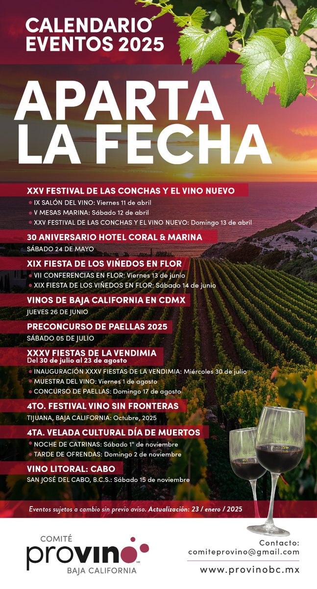 ¡No te lo pierdas! <a href="/provino_bc/">Provino Baja California</a> te invita a ser parte de todos los eventos que llevará a cabo este 2025 🍷👏.
➡️Consulta más información aquí: provinobc.mx/eventos/