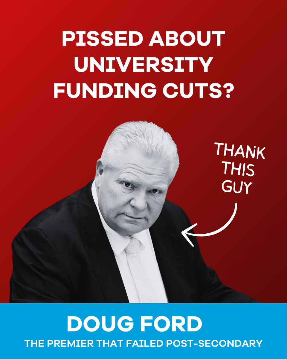 Doug Ford’s chronic underfunding is forcing universities to slash budgets, cut staff, and hike fees—all while students and faculty pay the price.

❌ Schools like <a href="/UWaterloo/">University of Waterloo</a> &amp; <a href="/Laurier/">Wilfrid Laurier University</a> are facing deep cuts
❌ Staff &amp; faculty are losing jobs
❌ Students are stuck with higher fees