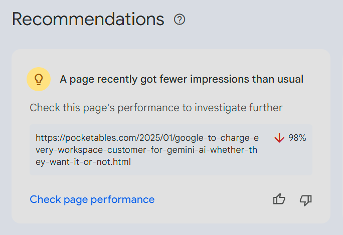 How weird that when I write a post critical of Google Google tells me that for some reason it got fewer impressions than usual... not sus at all