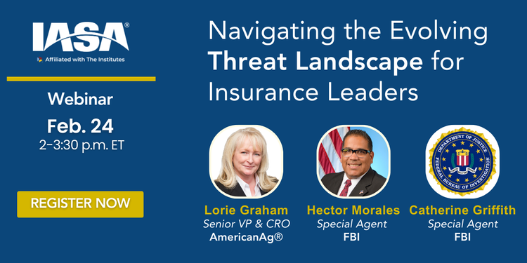 IASAINC's tweet image. Insurance leaders! 🚨 Join us for a free #ERMwebinar on Feb. 24. #CRO Lorie Graham, and two FBI Special Agents will share critical research and strategies to help your organization tackle targeted threats. bit.ly/4gjhpxQ 👈 Register for free! #InsuranceSecurity