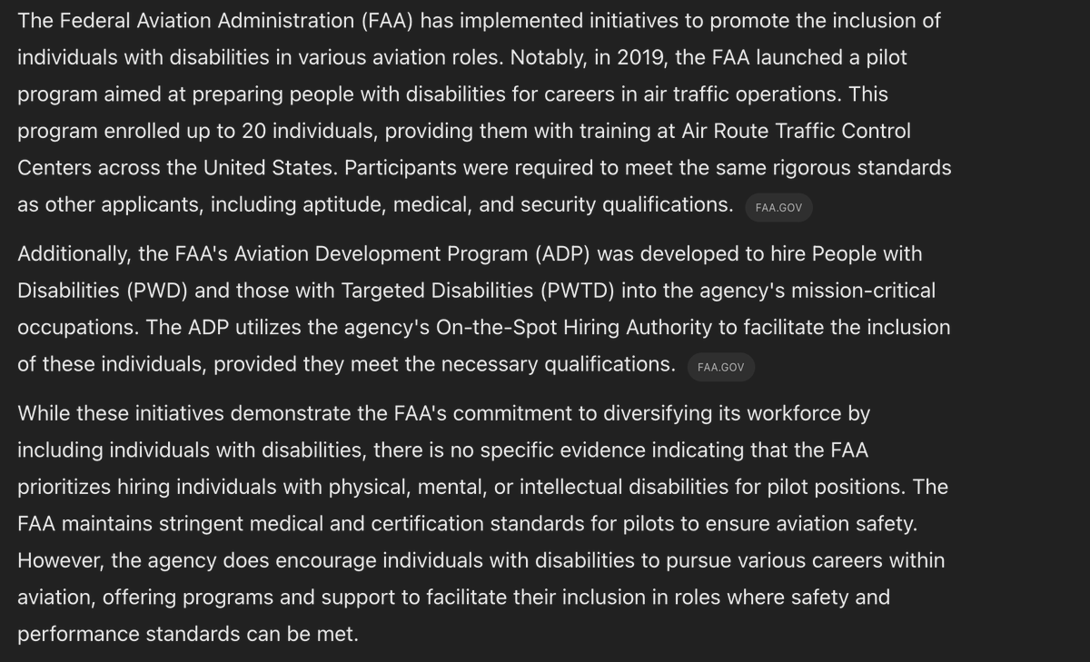 marcohansell's tweet photo. ChatGPT is becoming my quick fact checker.  Anyone find any evidence of the FAA website actively recruiting people with intellectual and mental disabilities to be pilots as @realDonaldTrump claims? https://t.co/giRr4UqykB