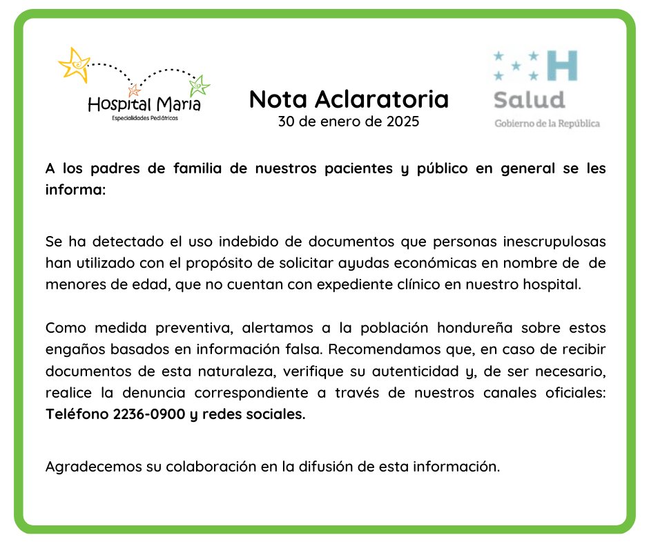 Hospital_Maria's tweet photo. 🚨 ¡Atención! 🚨

Hemos detectado el uso indebido de documentos para solicitar ayudas económicas en nombre de menores de edad. ⚠️Si recibe documentos sospechosos, verifique su autenticidad y repórtelo al 📞 2236-0900 o a nuestras redes oficiales.
🔄 ¡Ayúdanos a compartir! https://t.co/vkdVYRTcSs