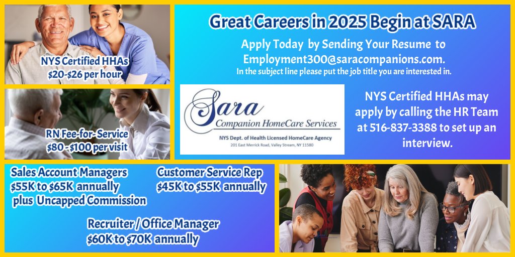 Sara Companion HomeCare Services is a licensed NYSDOH home health agency.

For office positions and RNs, please send a resume to employment300@saracompanions.com.

NYS Certified HHAs call 516-837-3388.

saracompanions.com/home-care-care…