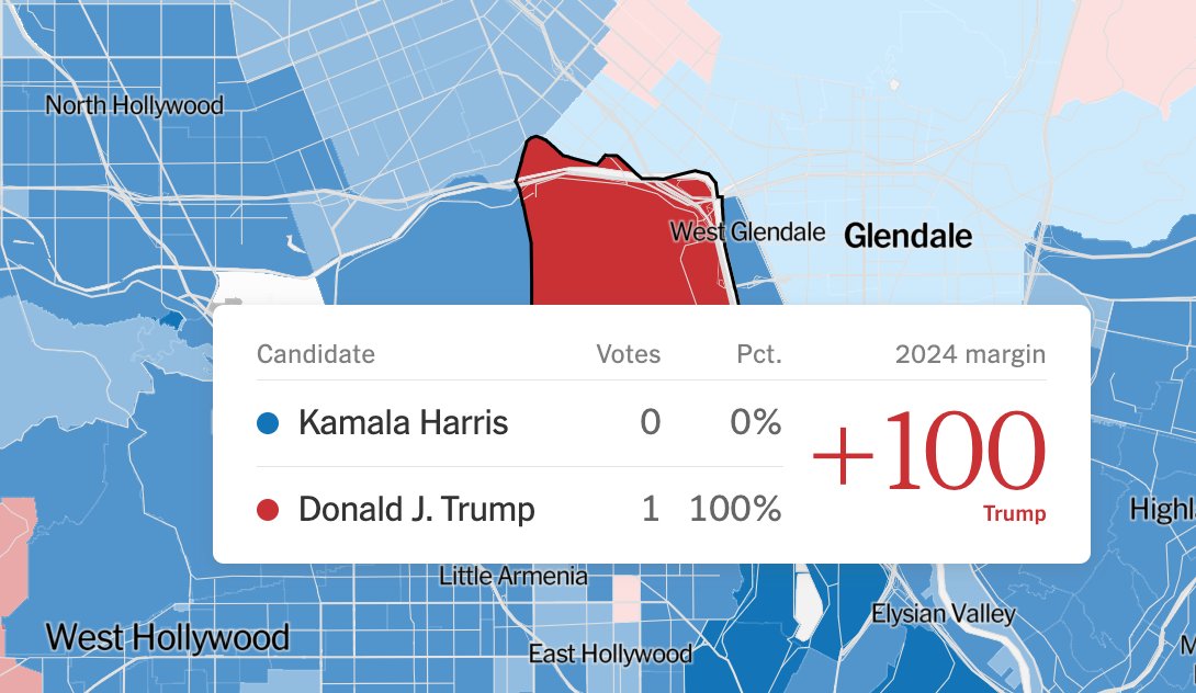 wdr1's tweet photo. @houmanhemmati @nytimes The red area in Glendale represents 1 vote. https://t.co/CResIfc09h