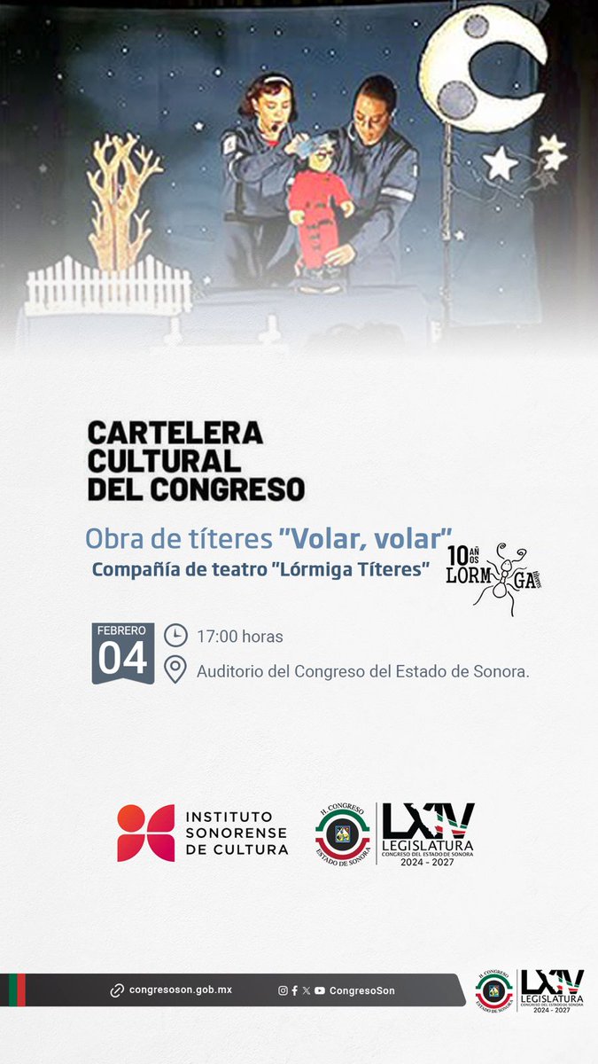 📢Te invitamos a la obra de títeres "Volar, volar", que se presentará el martes 4 de febrero en el auditorio del Congreso de Sonora. ¡Entrada gratuita!