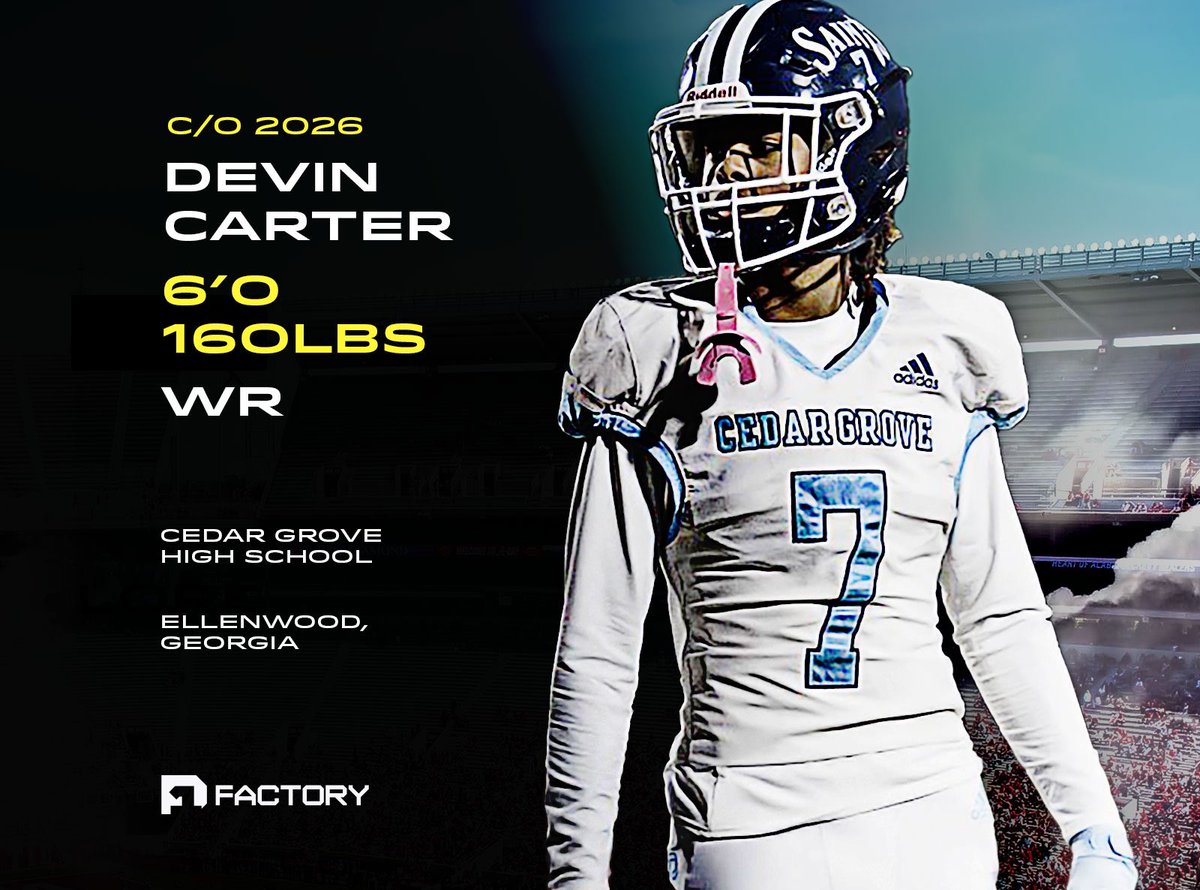 D1Factory's tweet photo. All eyes on c/o '26 Speedster WR • 6'0 160lbs • DEVIN CARTER (@IDEVINCARTER) Out of Cedar Grove HS, GA excellent speed with unbelievable hands, huge addition at the next level. @D1FactoryMedia @CFBScout @xixnyne @CFBSavage #D1FACTORY #Different https://t.co/7ev47EkeS4