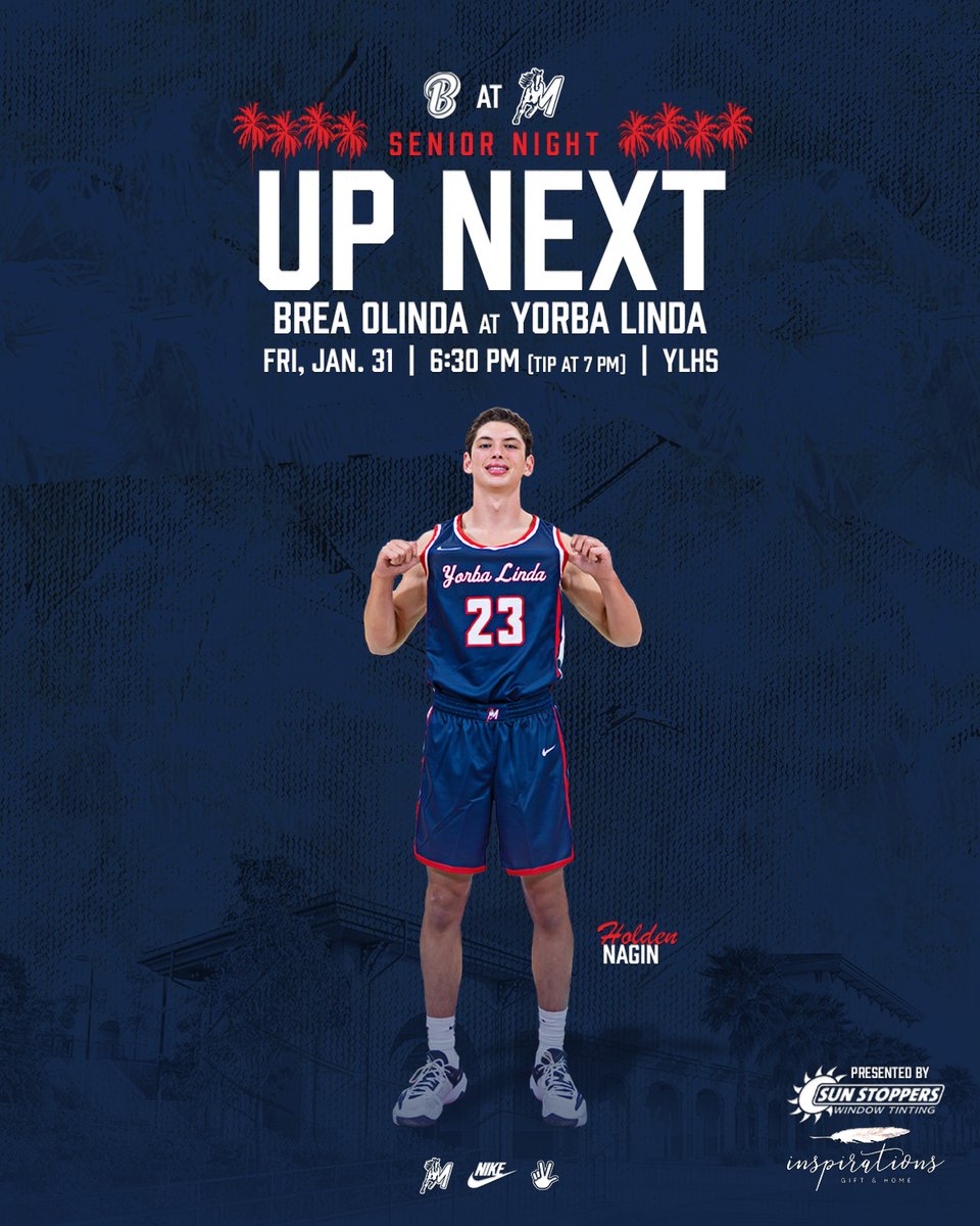 𝗨𝗽 𝗡𝗲𝘅𝘁: 𝗦𝗲𝗻𝗶𝗼𝗿 𝗡𝗶𝗴𝗵𝘁

Yorba Linda (19-6) will welcome Brea Olinda (13-13) to YLHS on Fri, Jan. 31.

3:00 PM - Freshmen (BOHS)
4:00 PM - JV (YLHS)
6:30 PM - Senior Night (YLHS)
7:00 PM - Varsity (YLHS)

#GoMustangs