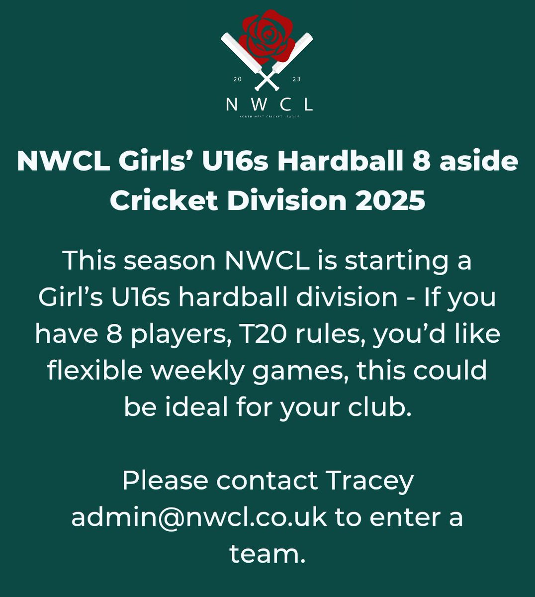 🏏 NWCL Girls' U16s Hardball 8 aside Cricket Division 2025

📨 Email Tracey at admin@nwcl.co.uk to enter a team
