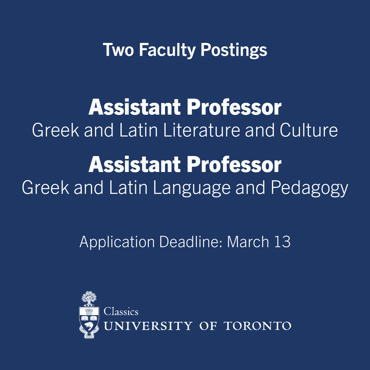 📢We're hiring!📢We invite applications for 2 full-time, one-year contractually limited-term appointment (CLTA) in the areas of Greek and Latin Literature and Culture, and Greek and Latin Language and Pedagogy.

More info: uoft.me/hiring-academic