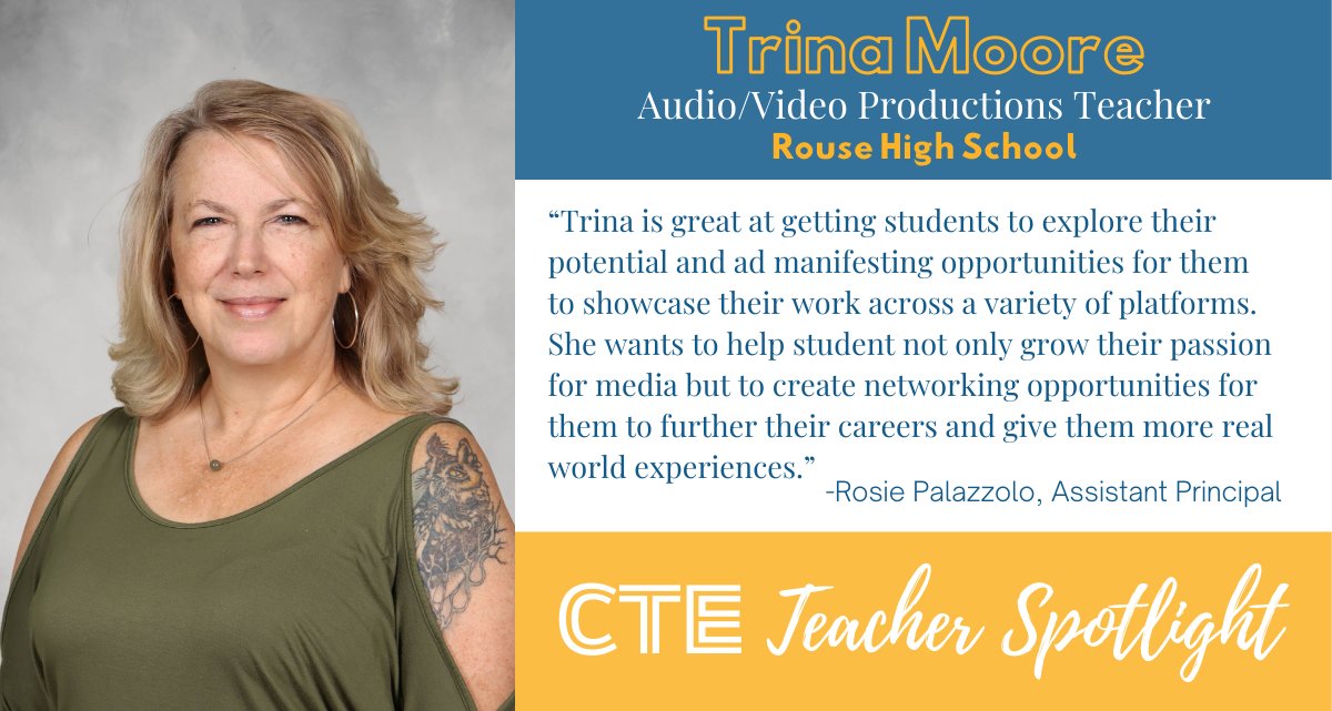 🎥 Congrats to Trina Moore, our CTE Teacher of the Month! In her 30th year, she’s still igniting creativity at Rouse HS, leading an award-winning A/V program through PBS Student Reporting Labs. Thank you for inspiring future storytellers! 👏🎬 #CTEExcellence