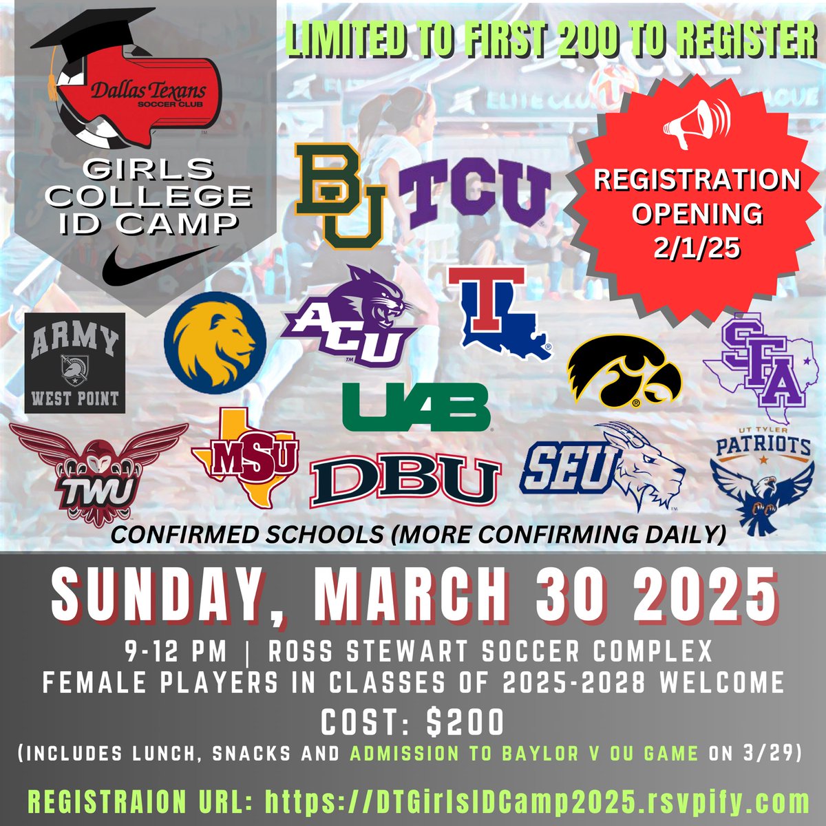 DallasTexans08GECNLRL (@texans08ecnlrl) on Twitter photo The Dallas Texans Girls College ID Camp registration launch is THIS SATURDAY AT 9 A.M.! Mark your calendars to go to DTgirlsIDcamp2025.rsvpify.com to make sure you secure a spot at this year's camp You won't want to miss this lineup of scouts! <a href="/ecnlgirls/">ECNL Girls</a> <a href="/imyouthsoccer/">ECNL/GA/Recruiting/College Soccer</a> <a href="/imcollegesoccer/">College Soccer Truth ™</a> The Dallas Texans Girls College ID Camp registration launch is THIS SATURDAY AT 9 A.M.! Mark your calendars to go to DTgirlsIDcamp2025.rsvpify.com to make sure you secure a spot at this year's camp You won't want to miss this lineup of scouts! <a href="/ecnlgirls/">ECNL Girls</a> <a href="/imyouthsoccer/">ECNL/GA/Recruiting/College Soccer</a> <a href="/imcollegesoccer/">College Soccer Truth ™</a>