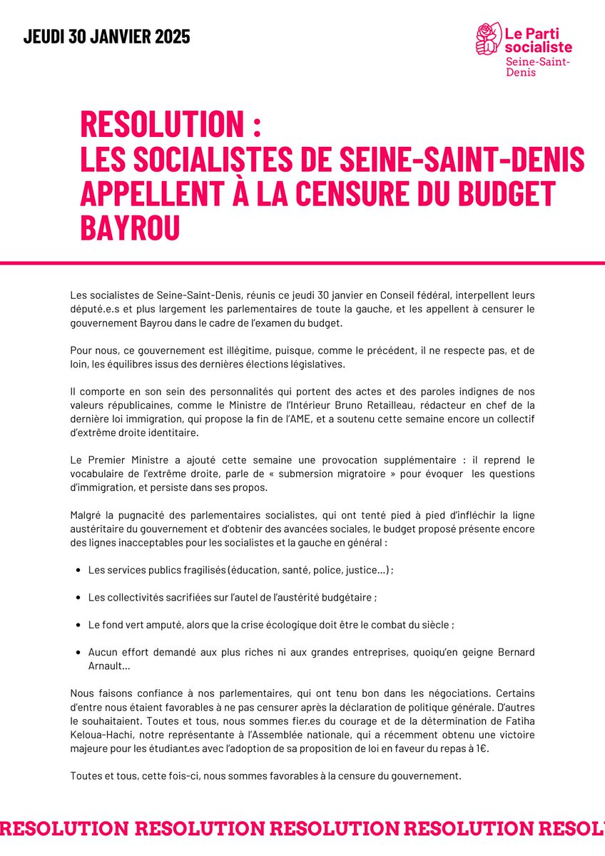 FĂ©dĂ©ration PS 93 (@fedeps93) on Twitter photo Ă lâunanimitĂ© des membres de son conseil fĂ©dĂ©ral, rĂ©unis ce 30 janvier, la fĂ©dĂ©ration du <a href="/partisocialiste/">Parti socialiste</a> de la Seine-Saint-Denis appelle les dĂ©putĂ©.e.s Ă censurer le gouvernement de François Bayrou. #censure
Retrouvez notre rĂ©solution ici đ Ă lâunanimitĂ© des membres de son conseil fĂ©dĂ©ral, rĂ©unis ce 30 janvier, la fĂ©dĂ©ration du <a href="/partisocialiste/">Parti socialiste</a> de la Seine-Saint-Denis appelle les dĂ©putĂ©.e.s Ă censurer le gouvernement de François Bayrou. #censure
Retrouvez notre rĂ©solution ici đ