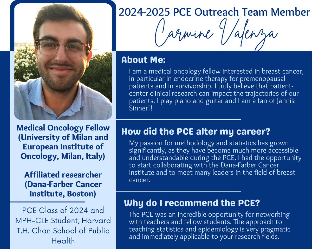 Meet Carmine Valenza, a member of the 2024-2025 PCE Outreach Team! He took the PCE in the summer of 2024, and is currently pursuing his MPH in Clinical Effectiveness at the Chan School. 

Interested in the career and academic growth the PCE fosters? Apply to the 2025 PCE by 2/15!