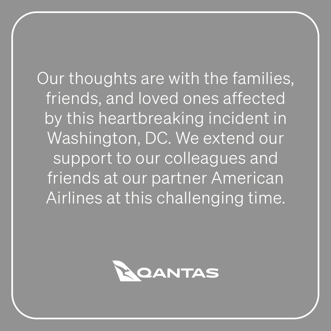 Qantas's tweet image. Our thoughts are with everyone affected by this heartbreaking incident.