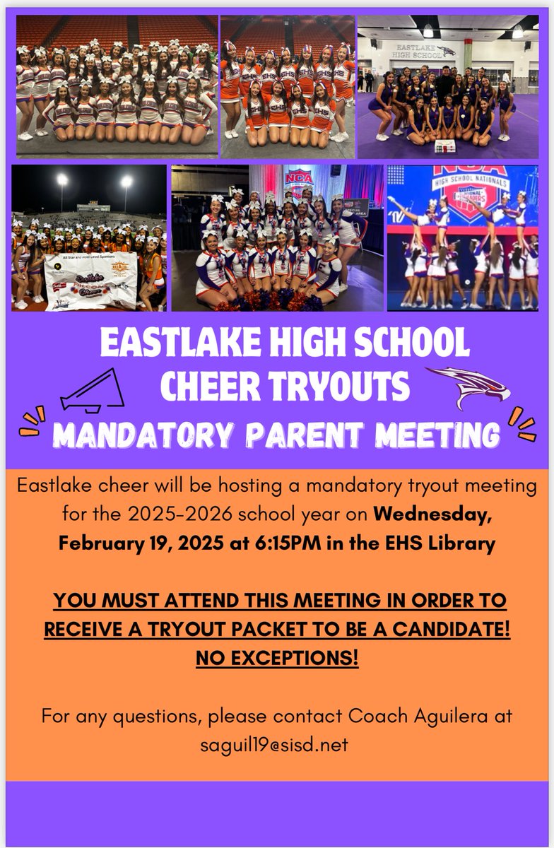 EastlakeCheer (@eastlake_cheer) on Twitter photo 🎀 Are you interested in joining the Eastlake High School Cheer Team? 🎀 The MANDATORY parent/guardian meeting regarding tryouts is here (mandatory for tryouts). We are so excited to meet our future falcon cheerleaders, see you there!! 💜🧡 <a href="/EHSFalconSports/">Eastlake_Falcon_Athletics</a> <a href="/Eastlake_HS/">Gilbert R . Martinez</a> 🎀 Are you interested in joining the Eastlake High School Cheer Team? 🎀 The MANDATORY parent/guardian meeting regarding tryouts is here (mandatory for tryouts). We are so excited to meet our future falcon cheerleaders, see you there!! 💜🧡 <a href="/EHSFalconSports/">Eastlake_Falcon_Athletics</a> <a href="/Eastlake_HS/">Gilbert R . Martinez</a>
