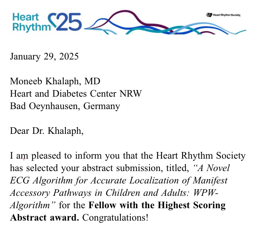 Moneeb Khalaph (@moneebkhalaph) on Twitter photo Thrilled to receive the Fellow with the Highest Scoring Abstract award from the Heart Rhythm Society for my work on the WPW-Algorithm. Grateful for this honor!🤩🤩
See you in San Diego 😎
<a href="/Phiso_de/">Philipp Sommer</a> <a href="/chris_sohns/">Christian Sohns</a> <a href="/melhamriti/">El Hamriti Mustapha</a> <a href="/Cardioschool/">Maxim Didenko, MD PhD</a> <a href="/GuramImnadze/">Guram Imnadze</a>
<a href="/YoungDgk/">Young DGK</a> <a href="/AGEP_DGK/">AGEP</a> Thrilled to receive the Fellow with the Highest Scoring Abstract award from the Heart Rhythm Society for my work on the WPW-Algorithm. Grateful for this honor!🤩🤩
See you in San Diego 😎
<a href="/Phiso_de/">Philipp Sommer</a> <a href="/chris_sohns/">Christian Sohns</a> <a href="/melhamriti/">El Hamriti Mustapha</a> <a href="/Cardioschool/">Maxim Didenko, MD PhD</a> <a href="/GuramImnadze/">Guram Imnadze</a>
<a href="/YoungDgk/">Young DGK</a> <a href="/AGEP_DGK/">AGEP</a>
