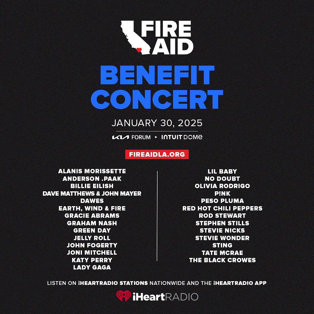 We are proud to support Fire Aid and the artists working to raise funds to help those impacted by the wildfires in Los Angeles. 
Tune in at 9pm TONIGHT to one of our two stations airing this event Here:  975online.iheart.com/listen or 1073rocks.iheart.com/listen
#iHeartRadio #FireAid