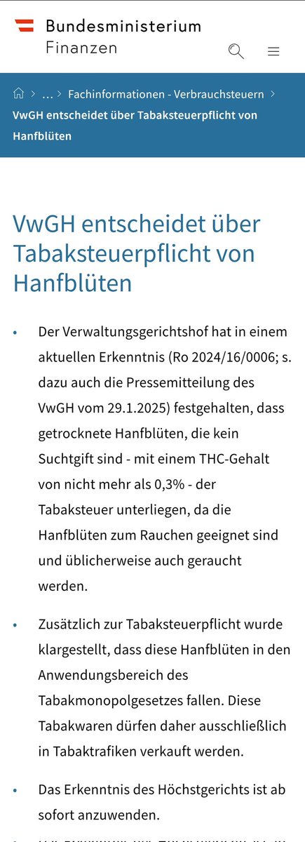 Schlechte Nachrichten für die gesamte österreichische CBD Branche:
CBD Blüten sind ab sofort wie Tabak zu besteuern und dürfen nur noch in Trafiken verkauft werden.

Wirklich schade 🇦🇹 🥦 😕