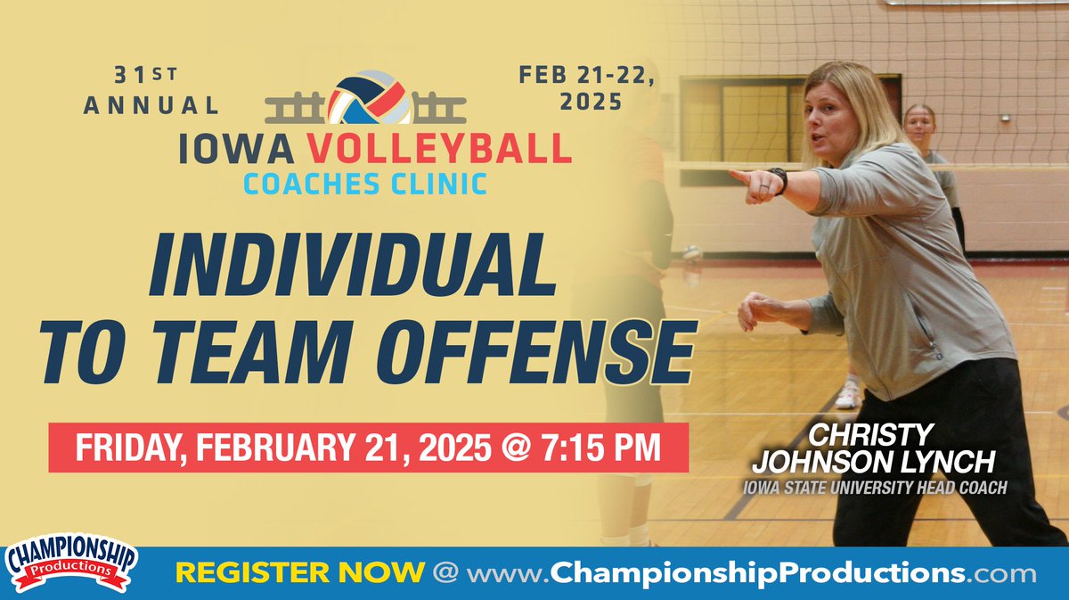 Championship Volleyball Instruction- Videos/Clinic (@champvball) on Twitter photo 🔥The 31st annual Iowa Volleyball🏐Coaches Clinic amazing line-up includes <a href="/CycloneVB/">Iowa State Volleyball</a> 's head coach <a href="/CJohnsonLynch/">Christy Johnson</a> - who became 3rd all-time in <a href="/Big12Conference/">Big 12 Conference</a> wins during the 2024 season! Christy Johnson Lynch - the 2022 <a href="/AVCAVolleyball/">AVCA</a> Central Region Coach of the Year - will 🔥The 31st annual Iowa Volleyball🏐Coaches Clinic amazing line-up includes <a href="/CycloneVB/">Iowa State Volleyball</a> 's head coach <a href="/CJohnsonLynch/">Christy Johnson</a> - who became 3rd all-time in <a href="/Big12Conference/">Big 12 Conference</a> wins during the 2024 season! Christy Johnson Lynch - the 2022 <a href="/AVCAVolleyball/">AVCA</a> Central Region Coach of the Year - will