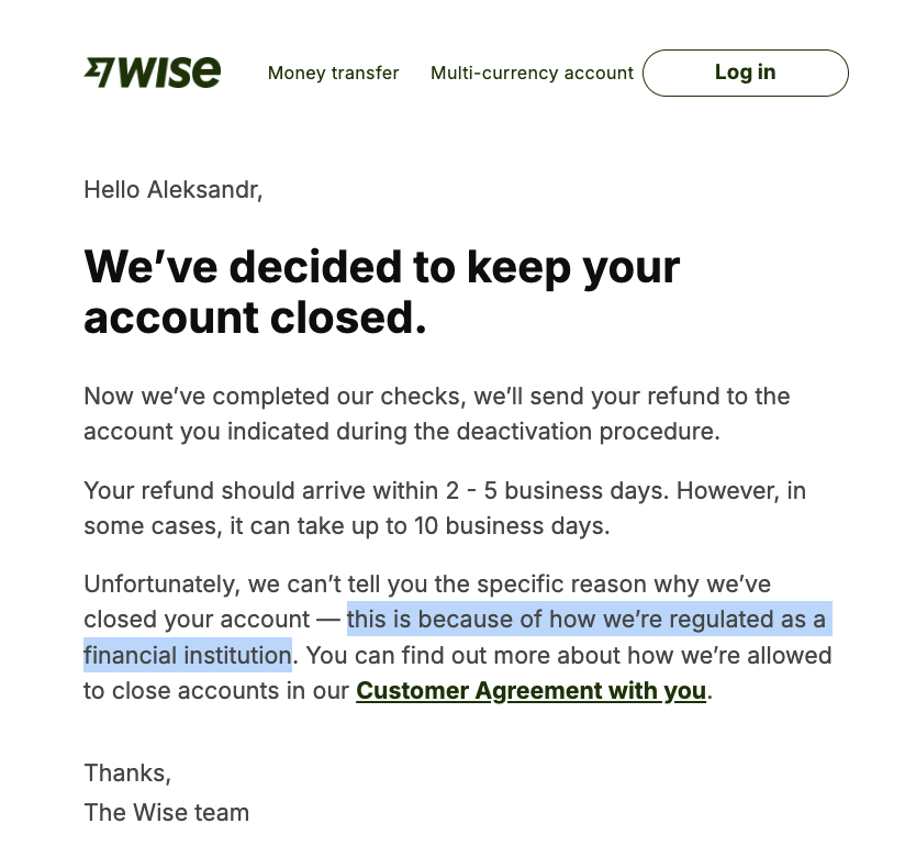 hinocodegang's tweet photo. #FailOfTheDay: My @Wise account got blocked for no clear reason. I always loved their UX โ quick, simple, flawless. Then boom โ an email saying, โYour account is closed,โ with virtually no explanation. https://t.co/LbtGW1BJDb