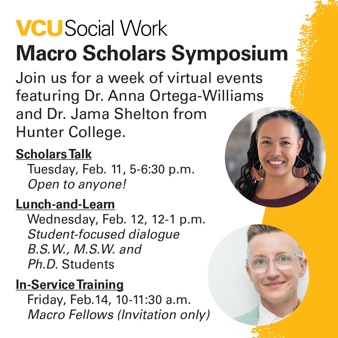 VCUSocialWork's tweet image. Prospective students interested in #MacroSocialWork, join #VCUSSW for 2 student-focused February events with @ortegawilliams_ &amp;amp; @PagingDrJama of @silbermanssw! 
👉 Feb. 11 event: vcussw.info/Macro021125
👉 Feb. 12 event: vcussw.info/Macro021225