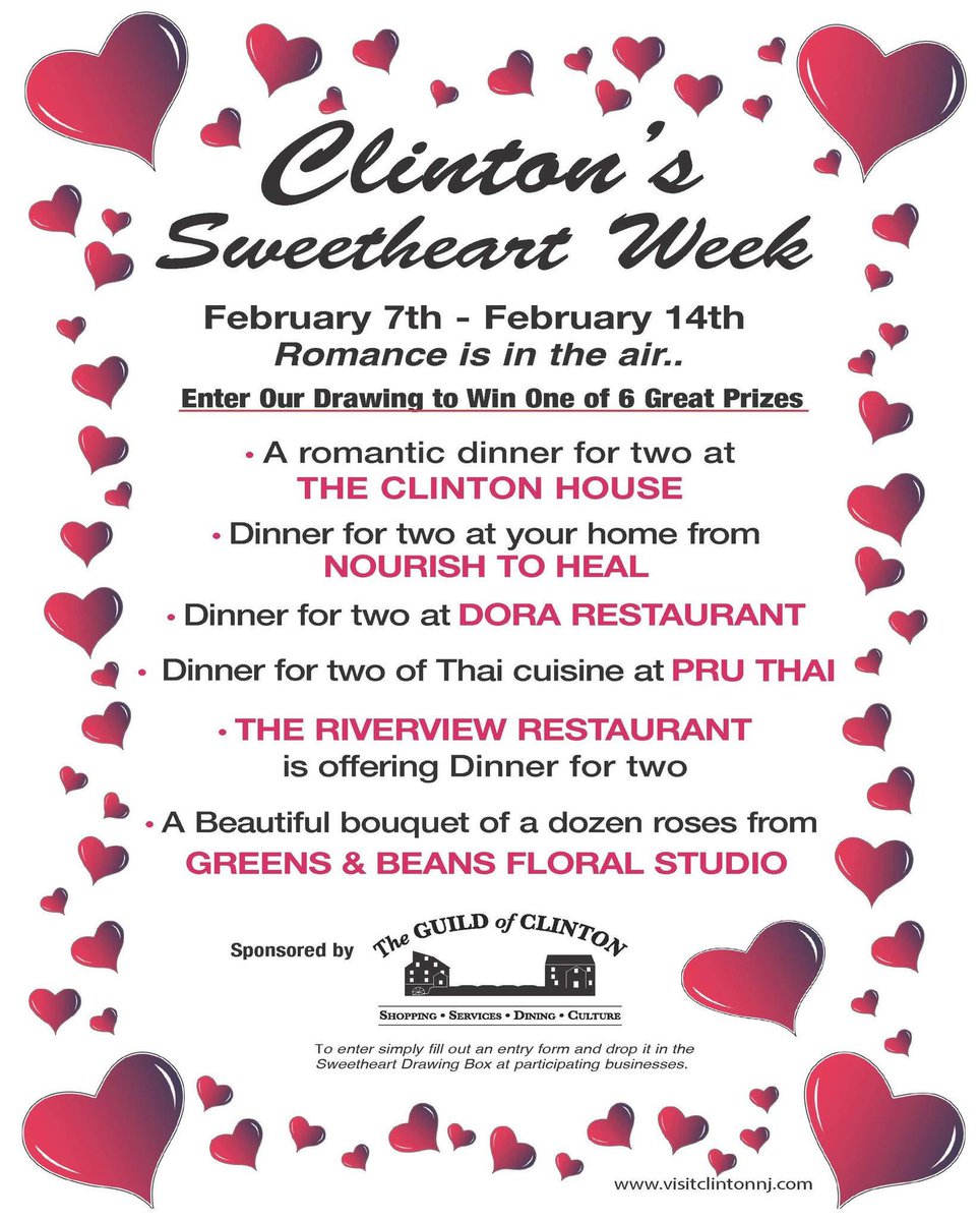 It's almost time for Sweetheart Week!

Shop local and enter for your chance to win a number of exciting prizes!!

#visitclintonnj #fallinlovewithclinton