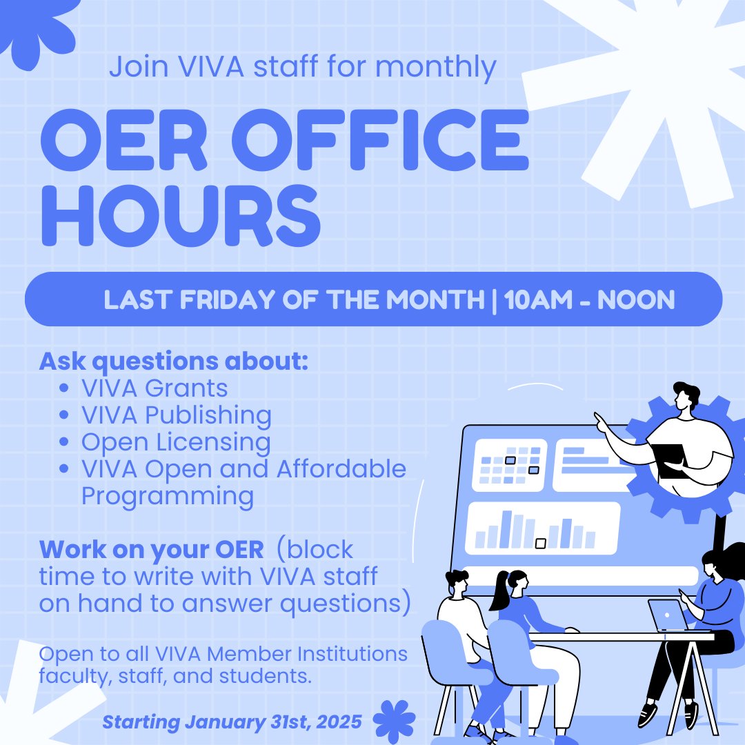Join us tomorrow from 10am to noon for OER Office Hours! 

Stop in to ask questions about or chat about open education and open educational resources.

For more information, visit the OER Office Hours webpage: vivalib.org/va/oer-office-…

#OER #VIVAlibraries