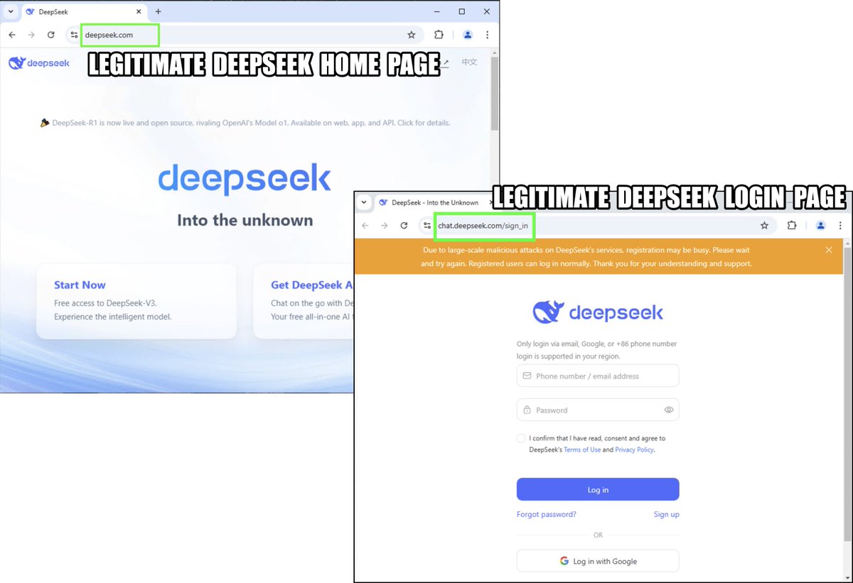 Unit42_Intel's tweet image. Since #DeepSeek released its #LLM, multiple newly registered domains (#NRD) using “deepseek” have surfaced. Beware of #phishing sites like deepseeklogin[.]com that mimic the DeepSeek home page and ask for login credentials. Always verify URLs before exploring this new #AI model!