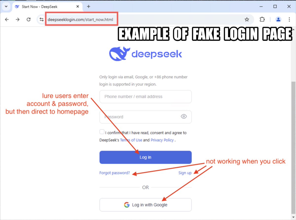 Unit42_Intel's tweet image. Since #DeepSeek released its #LLM, multiple newly registered domains (#NRD) using “deepseek” have surfaced. Beware of #phishing sites like deepseeklogin[.]com that mimic the DeepSeek home page and ask for login credentials. Always verify URLs before exploring this new #AI model!