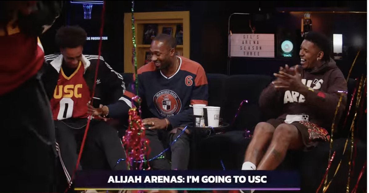 ShotgunSpr's tweet photo. 6-foot-6, 195-pound five-star Chatsworth (Calif.) shooting guard Alijah Arenas calls #USC HC Eric Musselman LIVE on Gil's Arena to let him know he is committing to the Trojans: https://t.co/3AJLv5k4GU