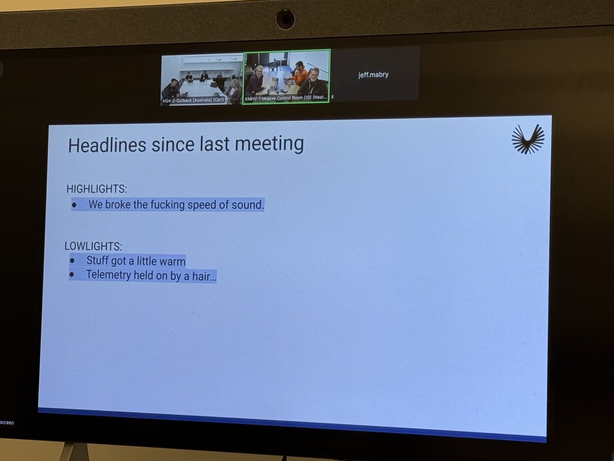 Today’s XB-1 status meeting…

We did have one thing overheat. I really wanted it be a windshield hot caution. But was actually a tail component.
