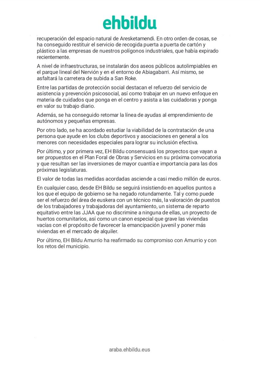 EH Bilduk Amurrioko aurrekontuak babestuko ditu bere ekimenei esker hobetzea lortu ostean.

EH Bildu Amurrio apoyará los presupuestos tras conseguir mejorarlos gracias a sus iniciativas.

#Amurrio #EhBilduAmurrio #aurrekontuak #presupuestos