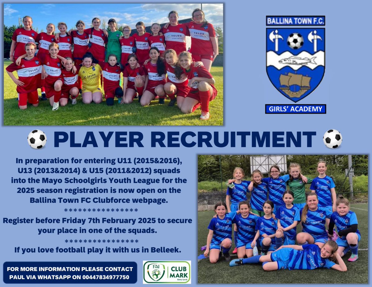 The female section of Ballina Town has flourished over the past few years, and we are always on the lookout for new players.
If interested in joining, please visit our Clubforce page ballinatownfc.clubforce.com/products/membe…