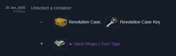 Decided to open 20 cases today and opened the potentially worst combo possible within 11 cases
Kukri Knife Urban Masked FT 0.362
Hand Wraps Duct Tape BS 0.483