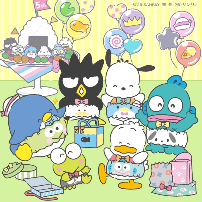 ハンギョドン「プレゼント交換ターイム!」 ポチャッコ「かわいい〜!」 ペックル「あったか〜い 」 けろっぴ「サイズピッタリー!」 ばつ丸「こんな偶然ってあるんだな!」 サム「おっしゃれ〜」 #はぴだんぶい #はぴだんぶい5周年