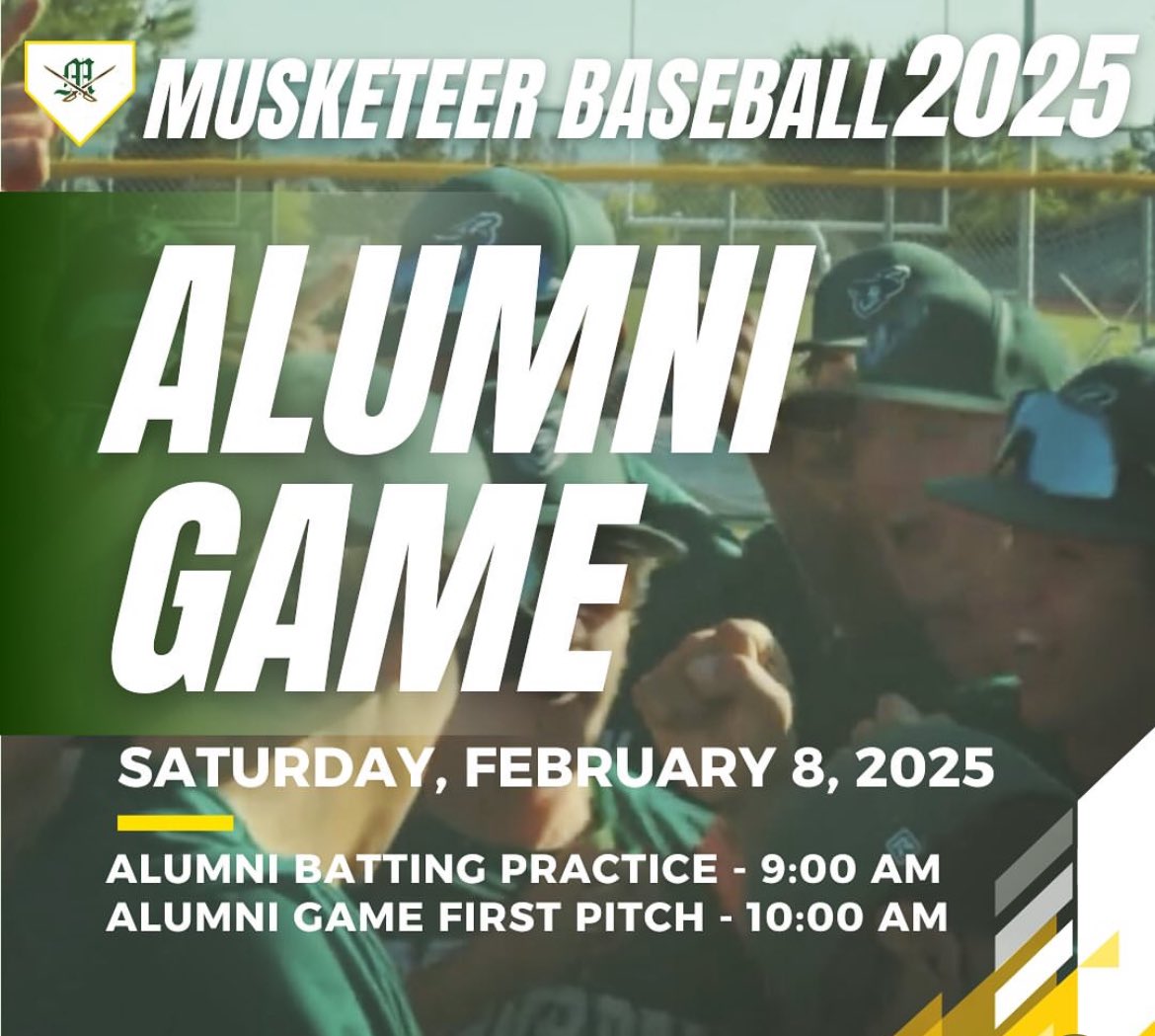 Musketeer Baseball (@mhsbaseballa41) on Twitter photo Attention all Musketeer baseball alumni!
Mark your calendars for the annual Alumni Game on Saturday Feb 8.
Come reunite with old teammates, relive the memories, and show your support for the next generation of MHS baseball stars. Let's make this one unforgettable! Attention all Musketeer baseball alumni!
Mark your calendars for the annual Alumni Game on Saturday Feb 8.
Come reunite with old teammates, relive the memories, and show your support for the next generation of MHS baseball stars. Let's make this one unforgettable!