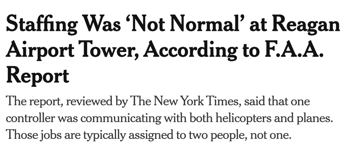 Trump is trying to blame DEI for last night's crash. 

That's a desperate attempt to obscure the real facts: 

- He froze air traffic controller hiring
- He fired the head of TSA &amp; gutted aviation safety cmte
- The DCA air traffic controller was doing 2 jobs b/c of low staffing