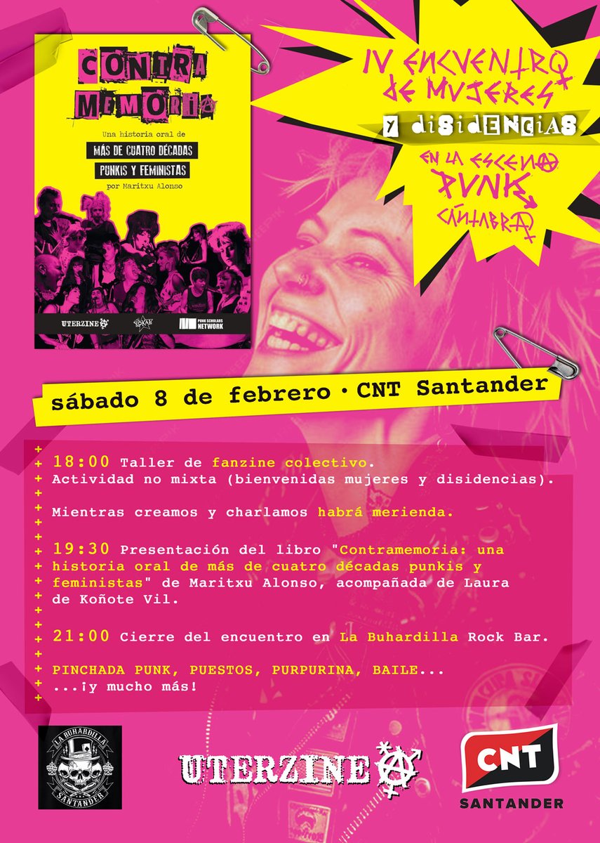 CNTSantander's tweet image. Próximo sábado, 8 de febrero:
¡¡AMIGA, APUNTA!! 📌🔥

👉 IV Encuentro de Mujeres y Disidencias en la Escena Punk Cántabra🕸️

Presentación del libro «Contramemoria: una historia oral de más de cuatro décadas punkis y feministas», de @AlonsoMaritxu , de Uterzine.

Atenta: