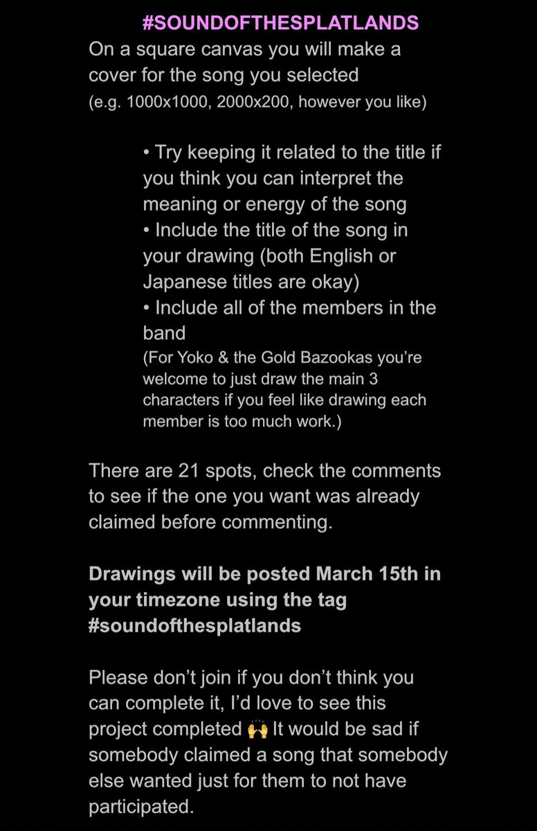 n0quarters's tweet photo. #SOUNDOFTHESPLATLANDS
HI heres a project i’m hosting just for fun, join if you want, first come first serve.
You’re welcome to join even if you don’t follow me
翻訳機を使って日本語で書いていますので、不明な点や質問があれば教えてください!🙏
I will be drawing for No Quarters https://t.co/9ed4499X8u