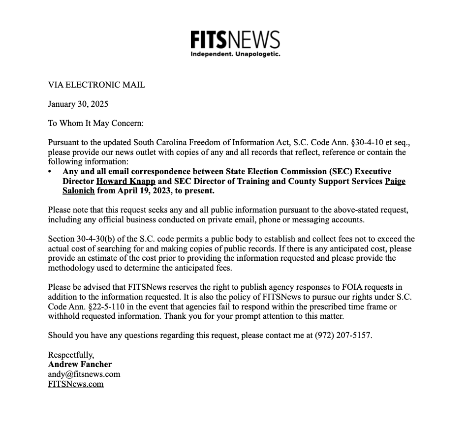 fitsnews's tweet image. Our @RealAndyFancher is not playing in his investigation of #SCVotes. This is just one of the FOIAs submitted today. Game on...