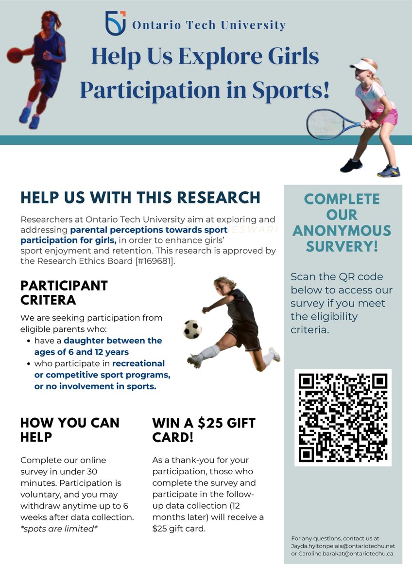 Researchers at Ontario Tech University aim at exploring and addressing parental perceptions towards sport participation for girls, in order to enhance girls’ sport enjoyment and retention. Complete the online survey buff.ly/4aGROxr