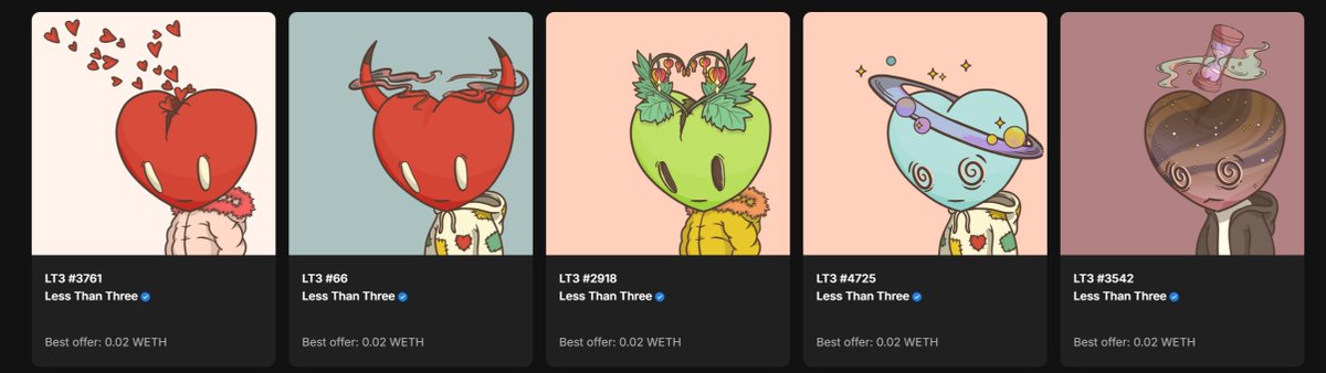 🚨LT3 GIVEAWAY🚨

Giving away 1 of these 5 LT3's.
Winner gets to choose.
🩶💙💚🤎🖤🤍🧡💛💜
Like | Repost | Follow <a href="/LT3NFT/">Less Than Three</a>