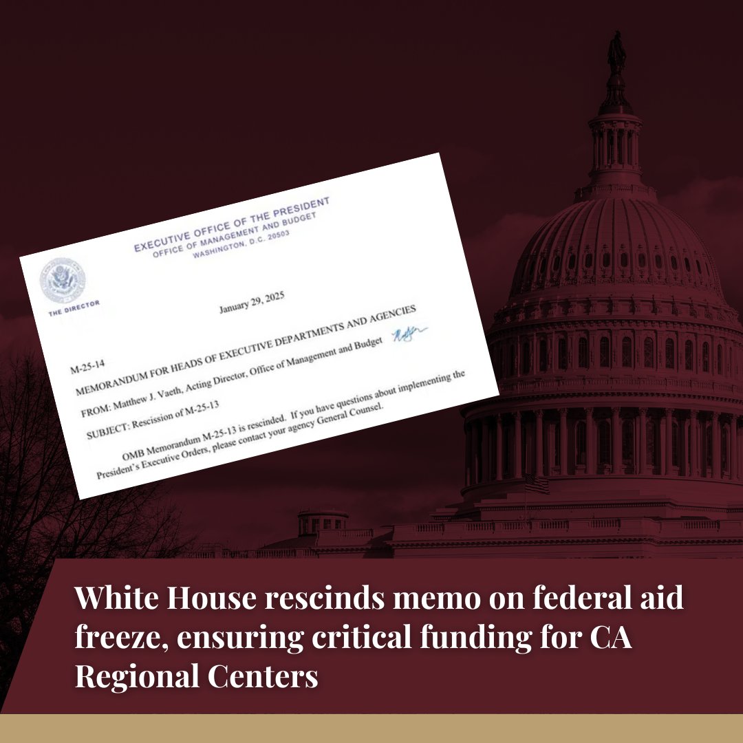 The White House has lifted the #FederalAid freeze, ensuring regional centers will continue to receive critical funding for support services for individuals with intellectual and developmental disabilities across the state.