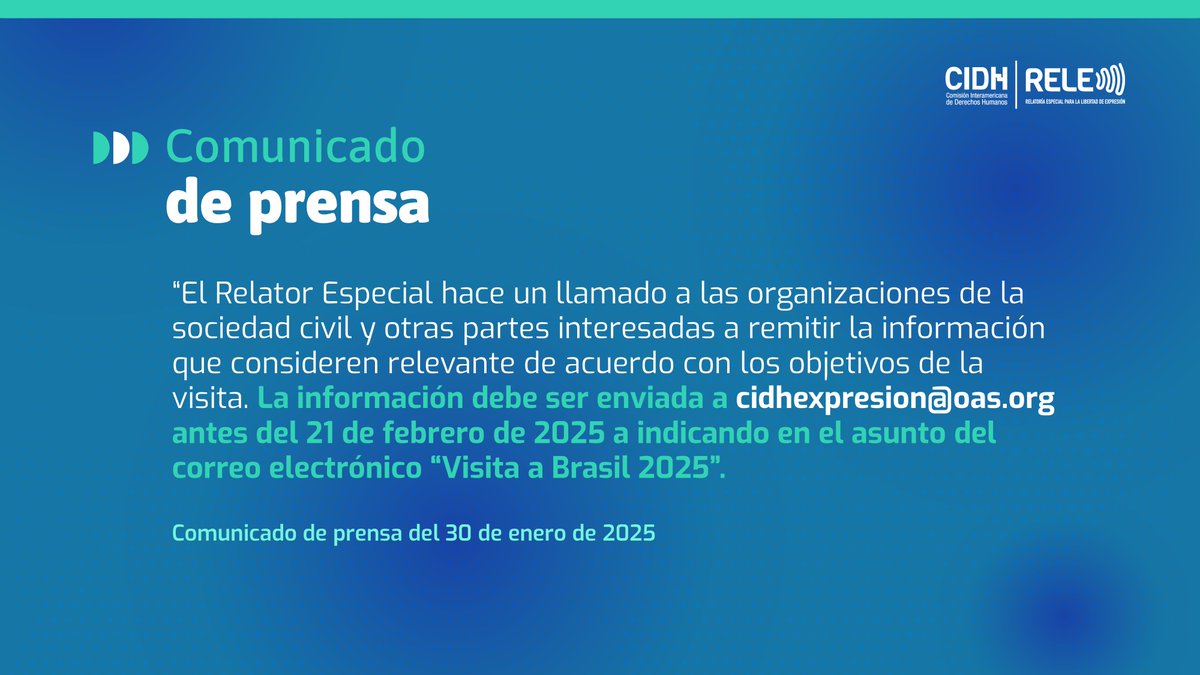 RELE_CIDH's tweet image. 📢Comunicado: La @RELE_CIDH anuncia visita oficial a #Brasil entre el 9 y el 14 de febrero de 2025

El comunicado: oas.org/es/cidh/jsForm…