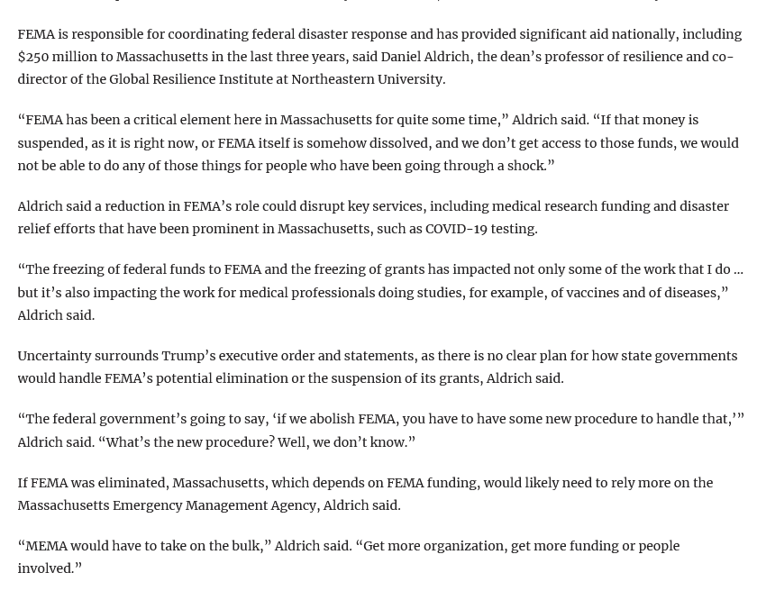Daniel P. Aldrich urbanists.social/web/@dpaldrich (@danielpaldrich) on Twitter photo Honored to be quoted in new #article on the potential consequences of the dismantling of FEMA
dailyfreepress.com/2025/01/29/tru…
<a href="/NU_PolicySchool/">NU School of Public Policy and Urban Affairs</a> <a href="/NUCSSH/">Northeastern CSSH</a> <a href="/MoreheadCain/">Morehead-Cain</a> <a href="/AbeFellowship/">SSRC Abe Fellows Network</a> <a href="/FulbrightPrgrm/">The Fulbright Program</a> <a href="/HarvardUSJapan/">Program on US-Japan Relations, Harvard University</a> Honored to be quoted in new #article on the potential consequences of the dismantling of FEMA
dailyfreepress.com/2025/01/29/tru…
<a href="/NU_PolicySchool/">NU School of Public Policy and Urban Affairs</a> <a href="/NUCSSH/">Northeastern CSSH</a> <a href="/MoreheadCain/">Morehead-Cain</a> <a href="/AbeFellowship/">SSRC Abe Fellows Network</a> <a href="/FulbrightPrgrm/">The Fulbright Program</a> <a href="/HarvardUSJapan/">Program on US-Japan Relations, Harvard University</a>