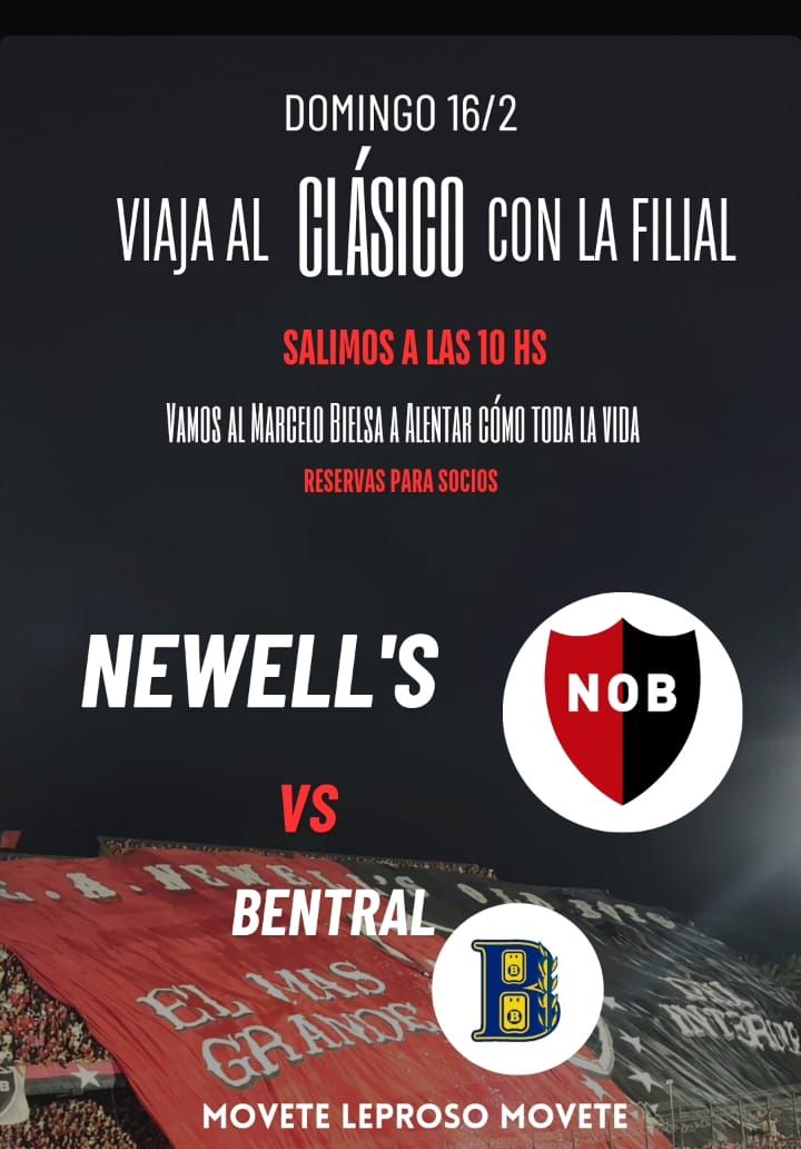#Newells
Viaja al Clásico con la Filial 
Domingo 16-02
Salimos 10 horas
Vamos al Marcelo Bielsa a Alentar cómo toda la vida
RESERVAS PARA SOCIOS 
Movete Leproso Movete 🎶🔴⚫
Reserva ya tu lugar
Whatsapp 
11 2722-2664