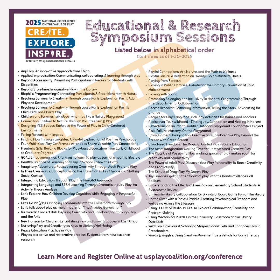 🌟Exciting News!🌟Accepted Ed &amp; Research Sessions for #PlayConf25 in Bloomington, IN, April 15-17! #Create #Explore #Inspire - celebrating #play #education #learning #creativity #art #design #communities #LandscapeArch #architecture #libraries #games etc! bit.ly/playconf25