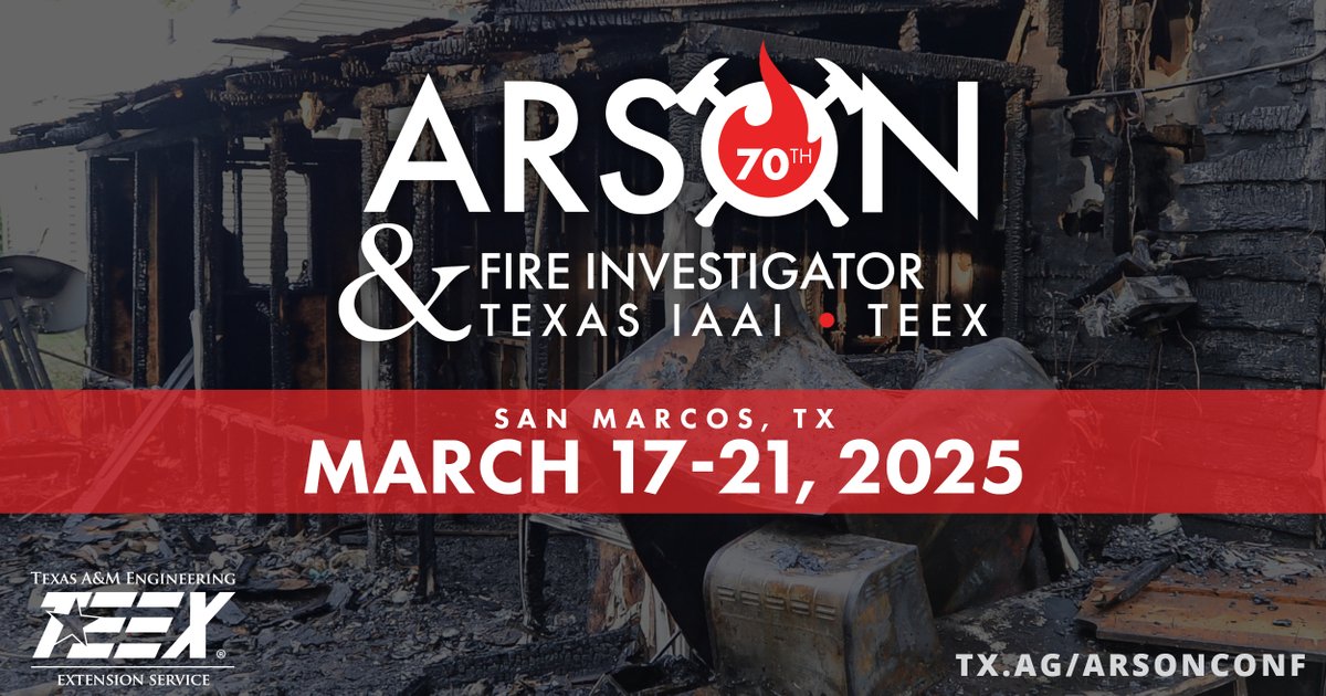 TEEXfire's tweet image. The 70th Annual ARSON & Fire Investigator Conference is coming up March 17-21 at the San Marcos Embassy Suites & Conference Center. Sessions include Fraud Insurance Investigations, Legal Updates, Wildland Fire Observations and Origin Scene Protection, and so much more!